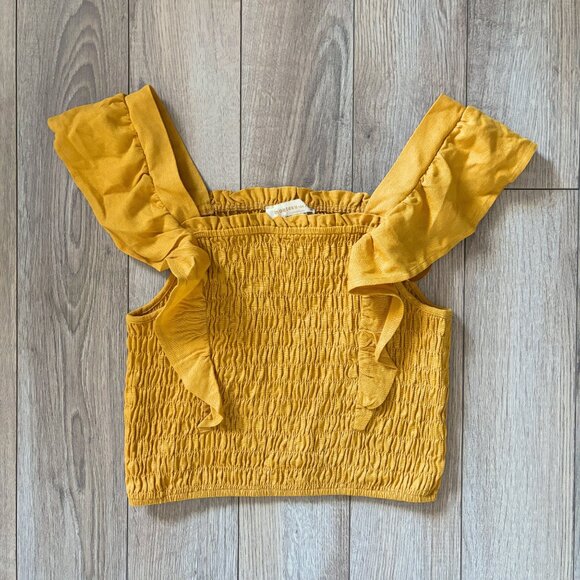 Monteau Linen Ruffled Smocked Yellow Crop Top Womens Small Boho Cottagecore Y2K - Picture 5 of 11